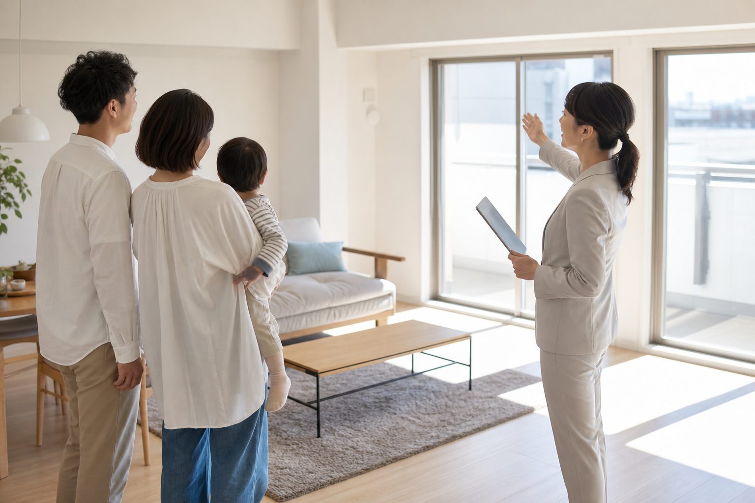 担当者がご家族と一緒にお部屋を内見している様子